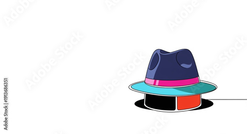Stylized fedora hat with colorful band and brim.