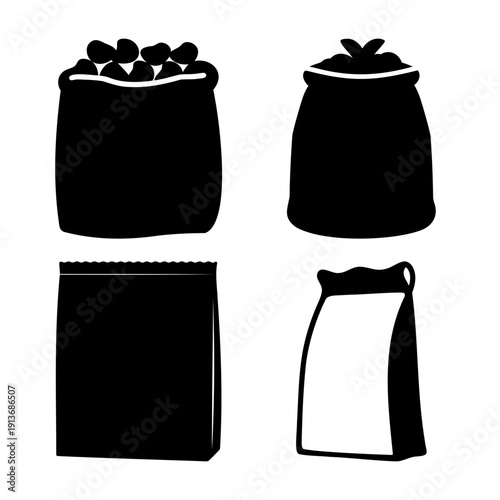 A collection of various bags and sacks silhouettes for packaging and storage needs