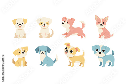 Cute cartoon dogs in various poses and colors on a white background