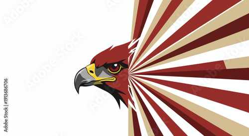 A majestic red hawk's head illustration with sharp beak and intense gaze, surrounded by dynamic red and beige rays, symbolizing power and freedom in a modern graphic style