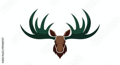 A majestic moose head illustration with large antlers and a calm expression, viewed from the front, in a simple and elegant style, perfect for wildlife enthusiasts and graphic designers