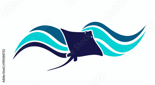 A majestic stingray glides effortlessly through the ocean waves, its dark silhouette contrasted against flowing turquoise and blue waves from a side viewpoint, an elegant illustration