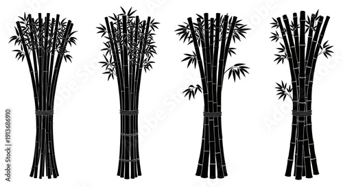 Four bundles of bamboo stalks with leaves on white background for design and decoration