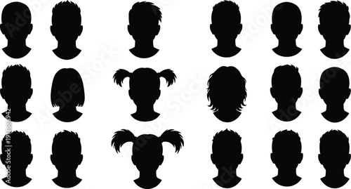 Construction worker silhouettes, land surveyor tripod icons, male head profile collection, fire flame symbols, industrial maintenance staff vector, professional manual labor graphic elements.