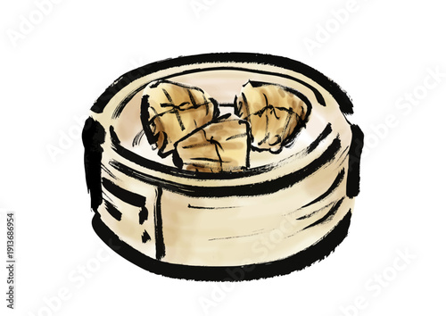 蒸篭に入っている竹の皮で包んだおこわの和風筆イラスト素材