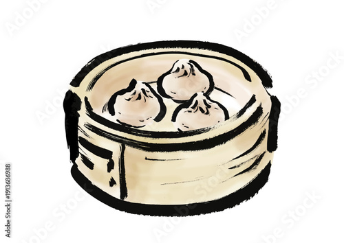 蒸篭に入っている小籠包の和風筆イラスト素材