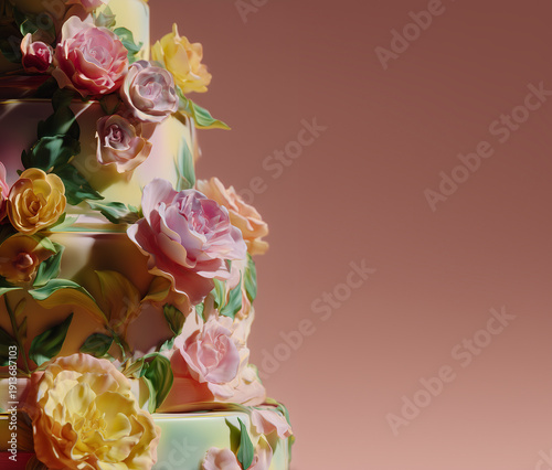 A detailed macro shot of a multi-tiered wedding cake showing realistic sugar-paste roses and green leaves with a soft copy-space on a warm background.