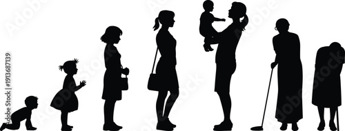 Female life stages silhouette, girl to elderly woman aging progression with mother holding baby flat vector illustration isolated on white