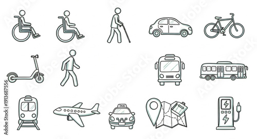 Collection of transportation and accessibility icons hand-drawn style.