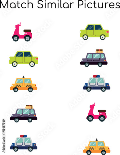 Match the Similar Vehicles – Colorful Kids Worksheet Vector for Toddlers and Preschool