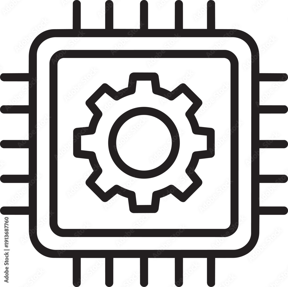Obraz premium Computer processor chip icon with mechanical gear cogwheel center representing hardware processing power