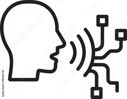 Voice recognition technology icon featuring human head profile with sound wave signals linear style