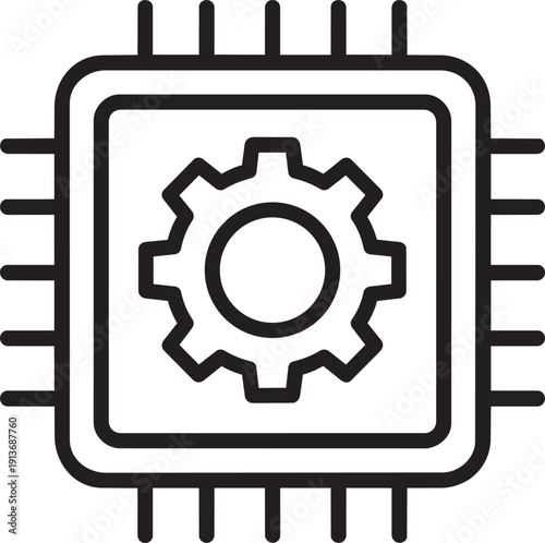 Computer processor chip icon with mechanical gear cogwheel center representing hardware processing power