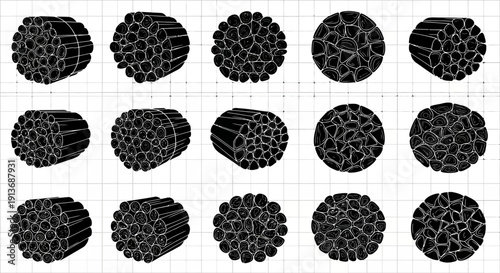 Detailed view of various cable cross sections on a grid background showcasing different wire configurations and patterns
