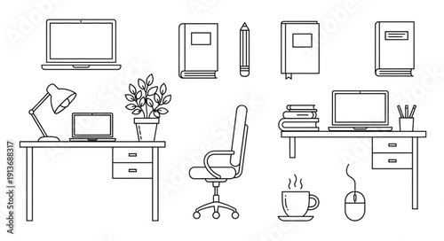 Office desk setup with laptop and supplies illustration.