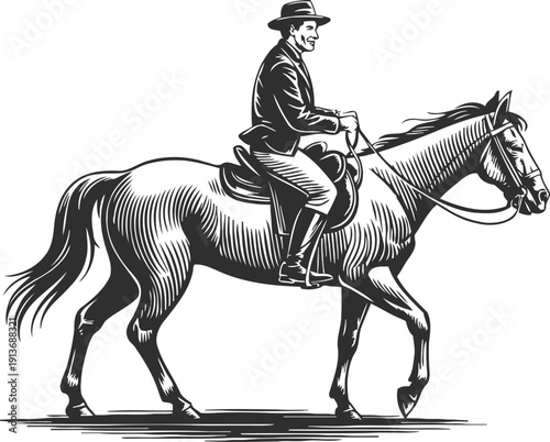 Cowboy riding horse side view in vintage illustration, western rider with hat and boots