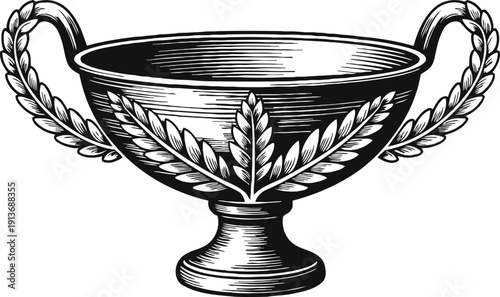 Vintage trophy cup with ornate laurel handles and decorative leaf design illustration