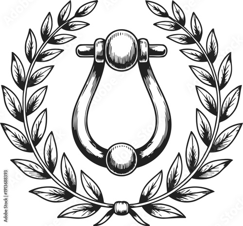 Vintage door knocker emblem with laurel wreath drawing, classic ornate metal hardware design
