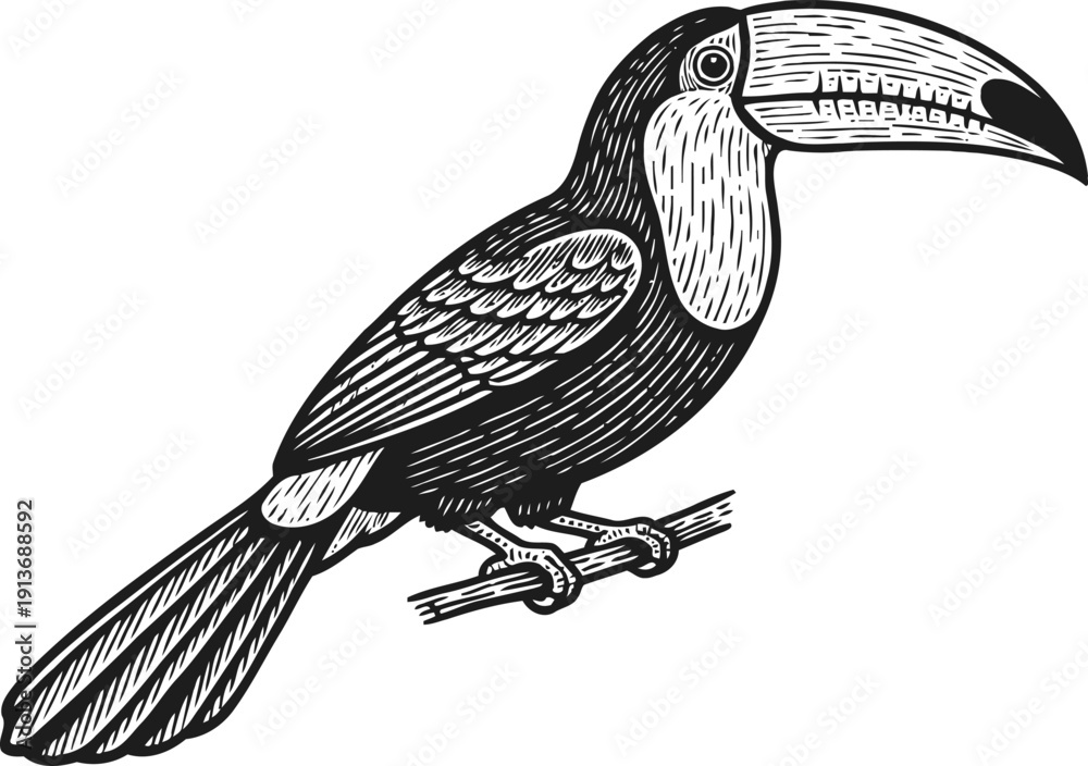 Fototapeta premium toucan bird perched on branch detailed black and white line art illustration