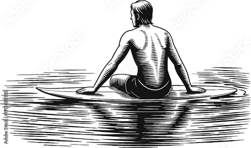 Man sitting on surfboard in calm water, back view, black and white vintage engraving