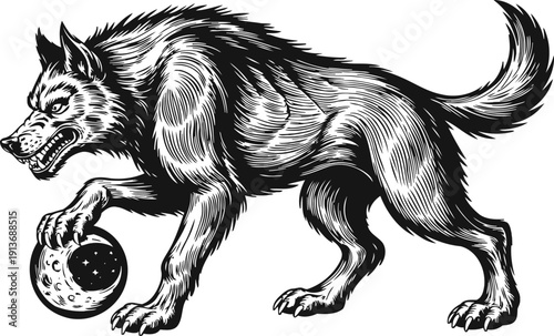 Fierce wolf gripping a ball with claws aggressive wild animal illustration in black and white
