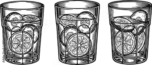 Three glasses of iced lemon water with sliced citrus, refreshing cold drink in transparent containers