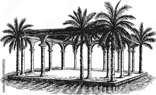 Palm trees surrounding a classical open colonnade pavilion with arches and columns, vintage architectural drawing