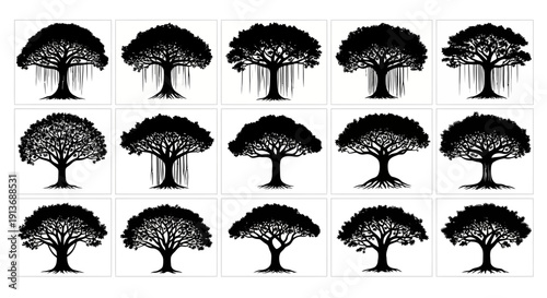 Collection of diverse tree silhouettes in various shapes and sizes on white background for design and decoration