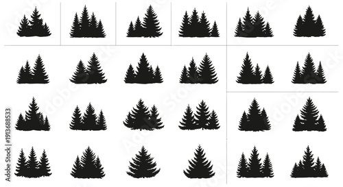 Collection of various black pine tree silhouettes on white background for design and decoration