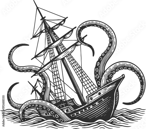 Vintage sailing ship attacked by giant kraken tentacles in rough sea waters illustration