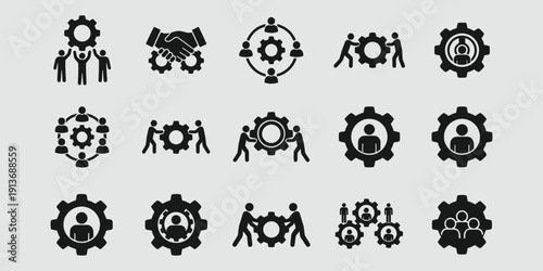 Collection of black gear icons on white background
