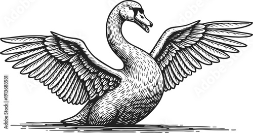 Swan with outstretched wings floating on water, elegant waterbird sketch in black and white