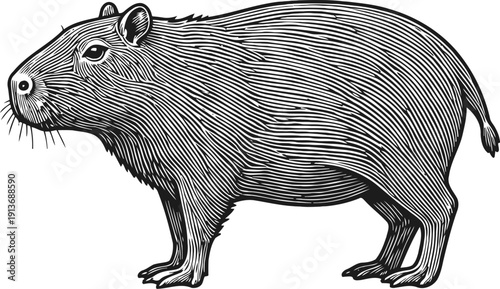 Capybara side view drawing large rodent animal with textured fur and detailed face illustration