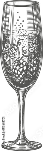 Detailed engraving of a champagne flute filled with sparkling wine and grapes inside, vintage illustration