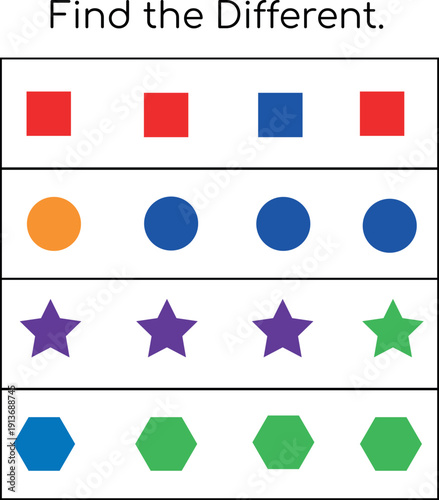 Geometric Shapes “Find the Different” Worksheet – Colorful Educational Vector for Kids
