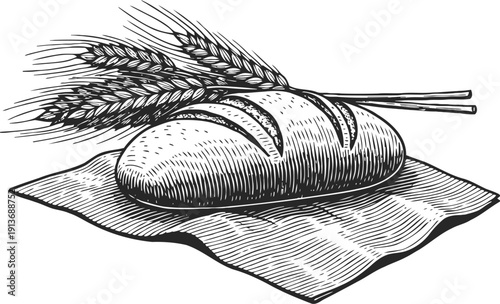 Freshly baked bread loaf with wheat stalks on cloth, vintage bakery illustration