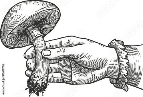 Hand holding a fresh wild mushroom with soil, botanical illustration in vintage engraving
