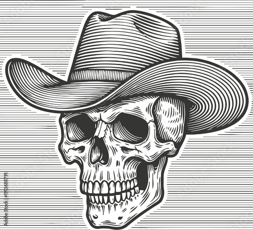 Skull wearing vintage cowboy hat engraving with detailed line art on striped background