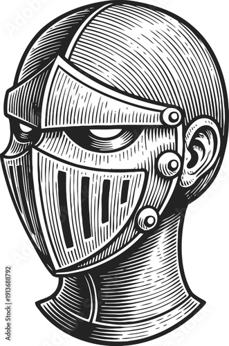 Medieval knight helmet illustration with face guard and rivets in vintage engraving