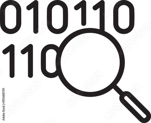 Data analysis search icon with magnifying glass inspecting binary code digits linear vector style