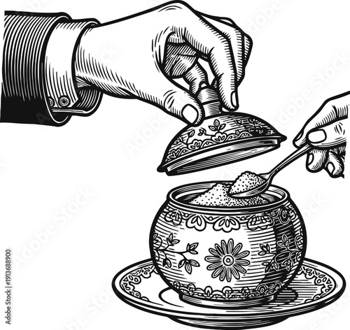 Vintage illustration of sugar bowl with lid and spoon serving sugar, ornate ceramic dishware design