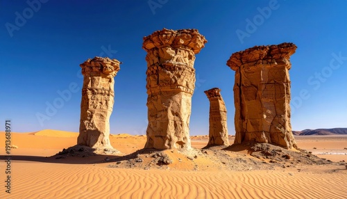 FlyPro Firefly image capturing crumbling sandstone pillars, eroded into skeletal shapes by wind and time, standing starkly against a vast, empty sky, h_0811ba_1