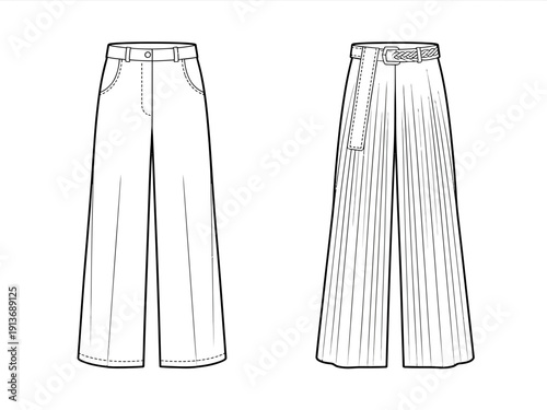 Two pairs of fashionable wideleg trousers with belts and pockets