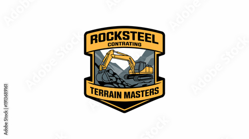 Yellow excavator logo with text on white background  construction company emblem