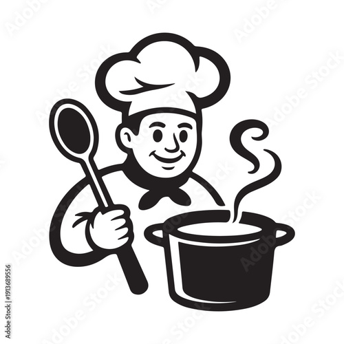 Joyful chef character stirring a steaming pot with a spoon, monochrome vector illustration for culinary and food concepts