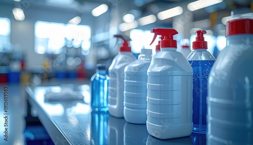 FlyPro Firefly professional sanitation supplies, including disinfectant and cleaning agents, neatly presented in organized plastic containers on a reflective surface.