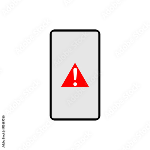 vector icon of a mobile phone with a red warning triangle on the screen, virus, error, broken, blank