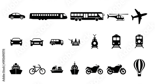 Collection of transportation vehicle icons and symbols.