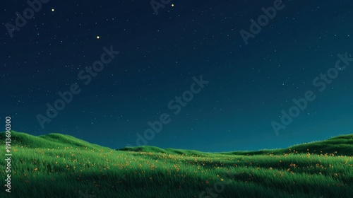 A serene, starry night landscape with green grass and yellow flowers under a dark blue sky with stars.