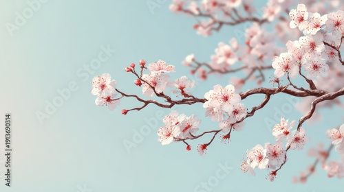 A cherry blossom branch with pink and white flowers against a light blue background.